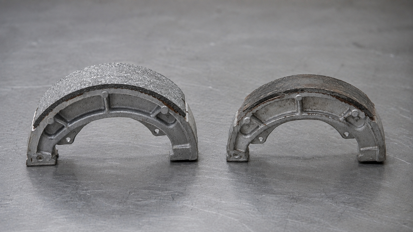 New and worn motorcycle brake shoes comparison