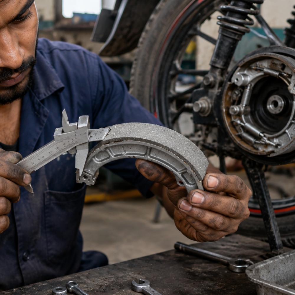 Mechanic measuring motorcycle brake shoe wear with a caliper